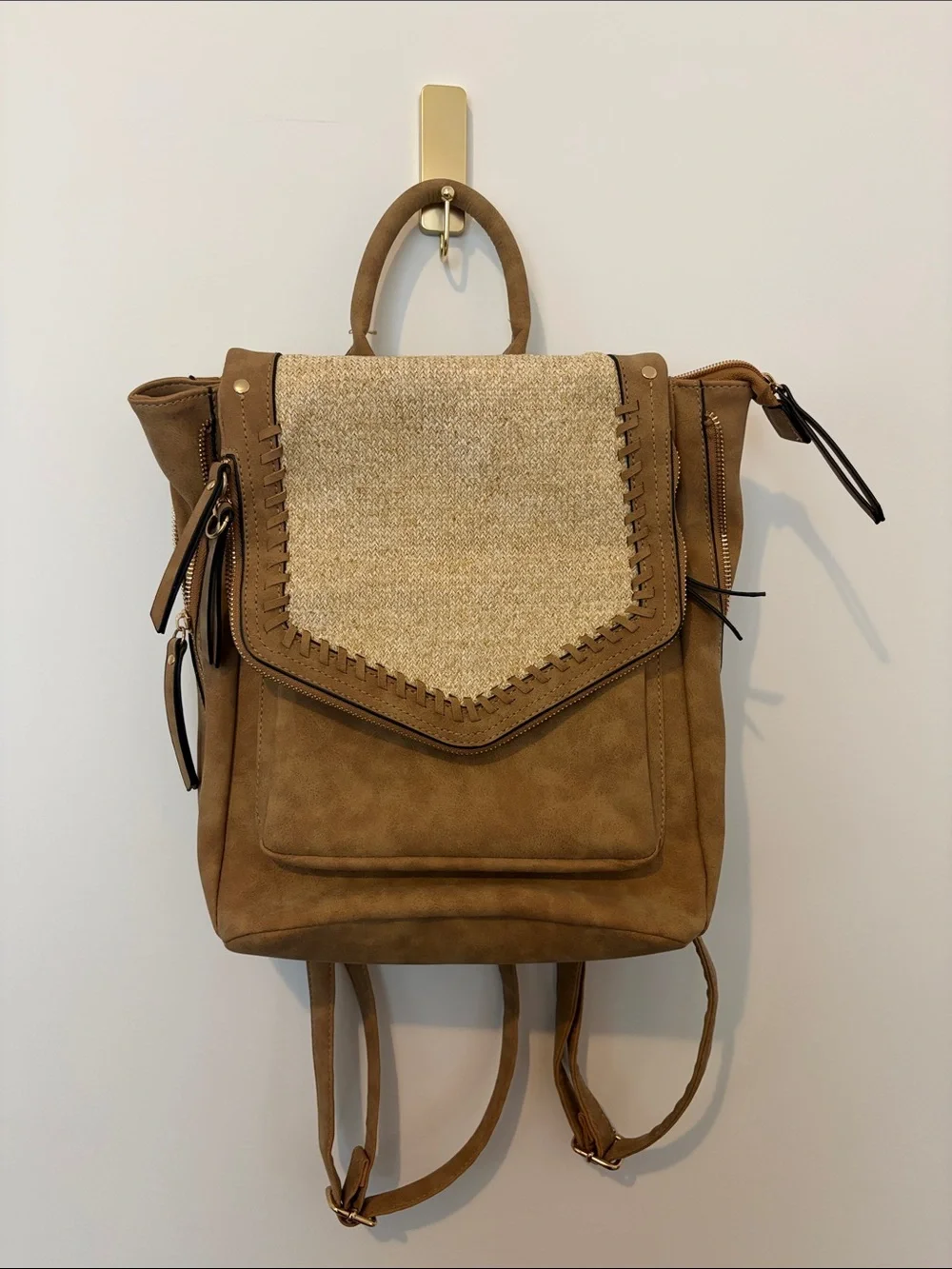 Tan Suede-Style Backpack with Woven Front Flap